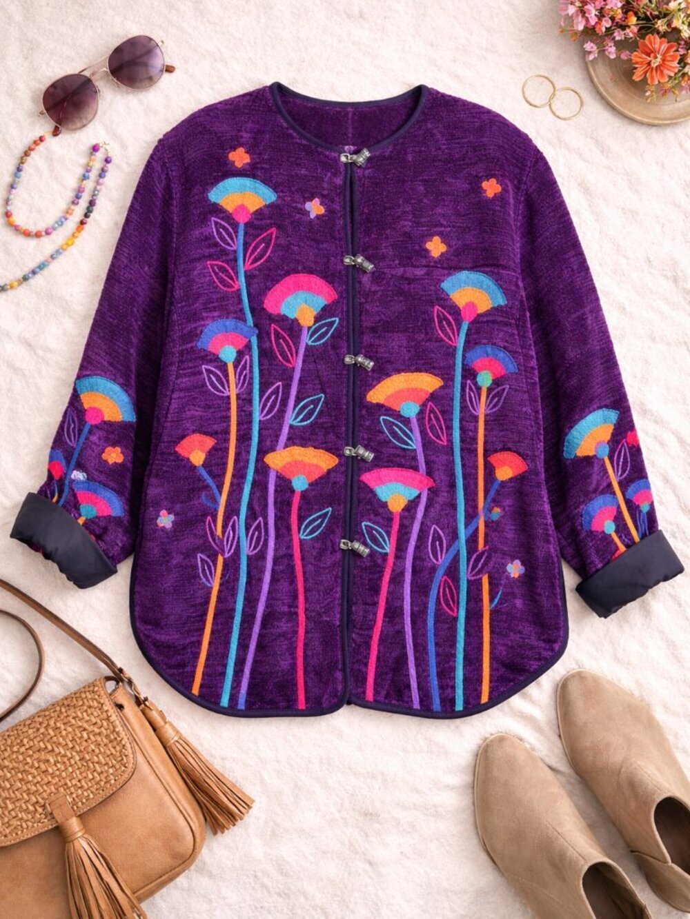 Indigo Moon Embroidered Jacket Floral Wearable Art Size L